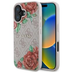 Husa originala Guess iPhone 16 Hardcase 4G Flower Print MagSafe, roz, GUHMP16SP4ROPEMCP