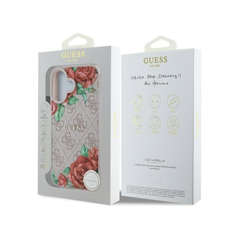 Husa originala Guess iPhone 16 Hardcase 4G Flower Print MagSafe, roz, GUHMP16SP4ROPEMCP