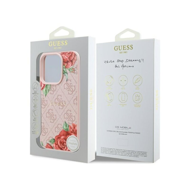Husa originala Guess iPhone 16 Pro Hardcase 4G Flower Print MagSafe, roz, GUHMP16LP4ROPEMCP