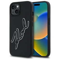 Husa originala iPhone 15 Karl Lagerfeld 3D Design, negru, Rubber Signature, KLHCP15S3DRKSDLK