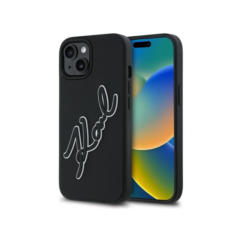 Husa originala iPhone 15 Karl Lagerfeld 3D Design, negru, Rubber Signature, KLHCP15S3DRKSDLK