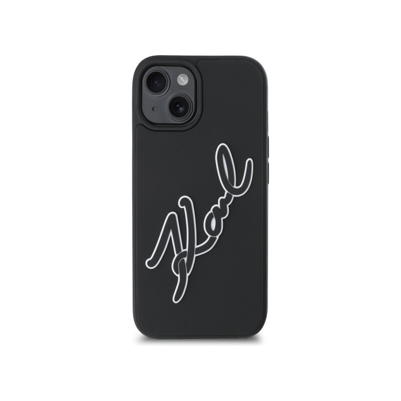 Husa originala iPhone 15 Karl Lagerfeld 3D Design, negru, Rubber Signature, KLHCP15S3DRKSDLK