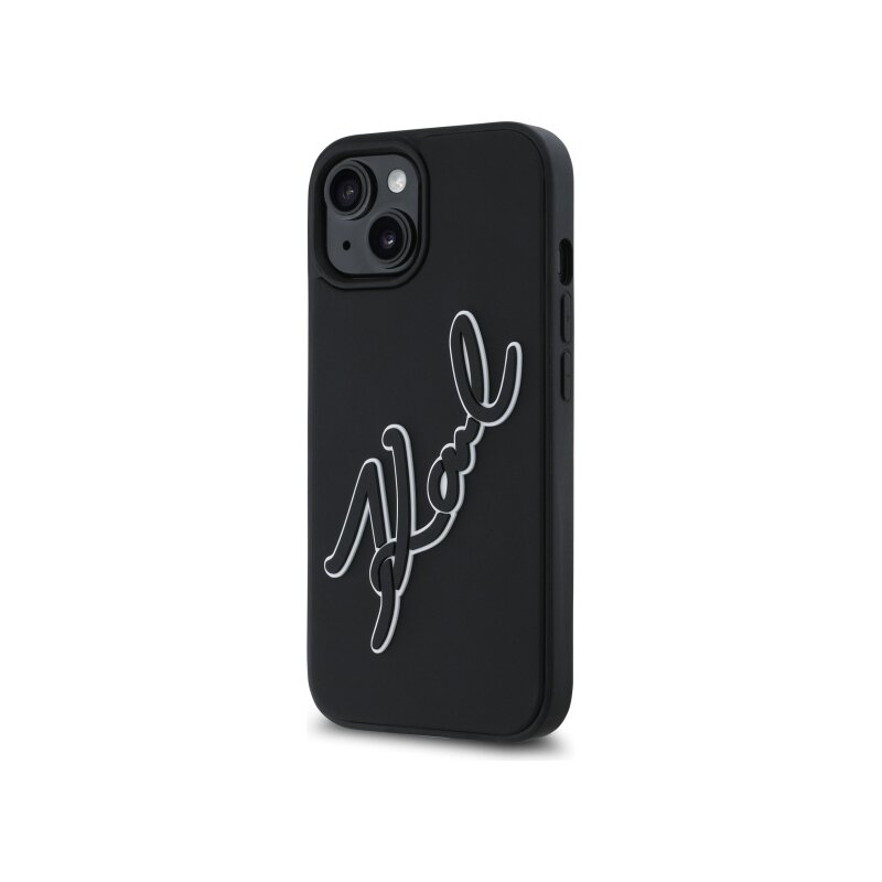 Husa originala iPhone 15 Karl Lagerfeld 3D Design, negru, Rubber Signature, KLHCP15S3DRKSDLK