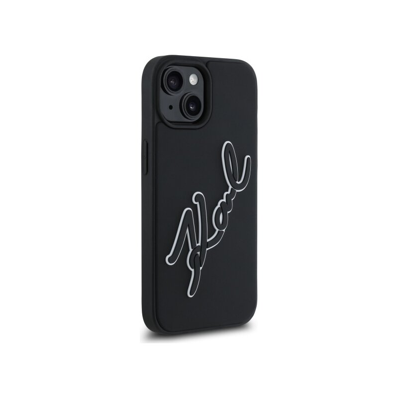 Husa originala iPhone 15 Karl Lagerfeld 3D Design, negru, Rubber Signature, KLHCP15S3DRKSDLK