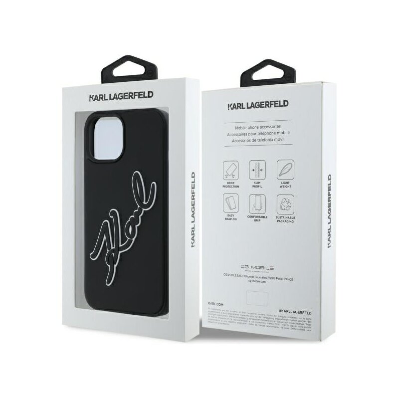 Husa originala iPhone 15 Karl Lagerfeld 3D Design, negru, Rubber Signature, KLHCP15S3DRKSDLK