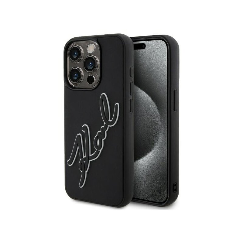 Husa originala iPhone 15 Pro Karl Lagerfeld 3D Design, negru, Rubber Signature, KLHCP15L3DRKSDLK