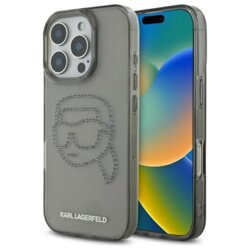 Husa iPhone 16 Pro Max Karl Lagerfeld IML Rhinestones, negru, Karl Head, KLHCP16XHKHDCELK