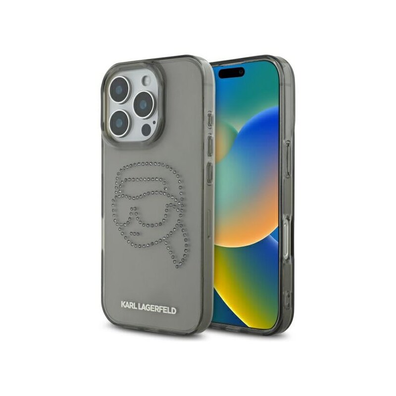 Husa iPhone 16 Pro Max Karl Lagerfeld IML Rhinestones, negru, Karl Head, KLHCP16XHKHDCELK