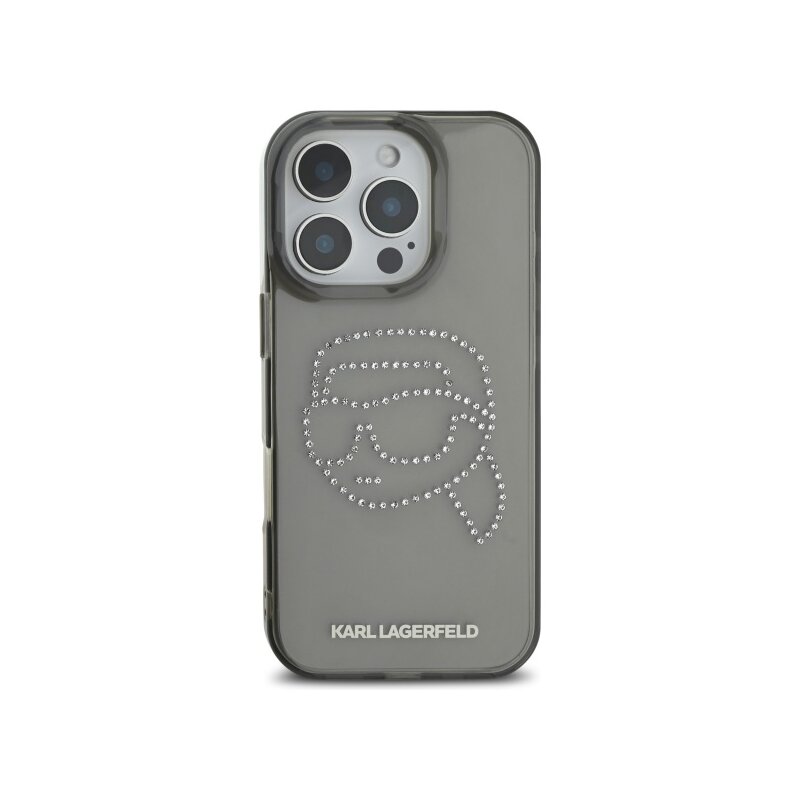 Husa iPhone 16 Pro Max Karl Lagerfeld IML Rhinestones, negru, Karl Head, KLHCP16XHKHDCELK