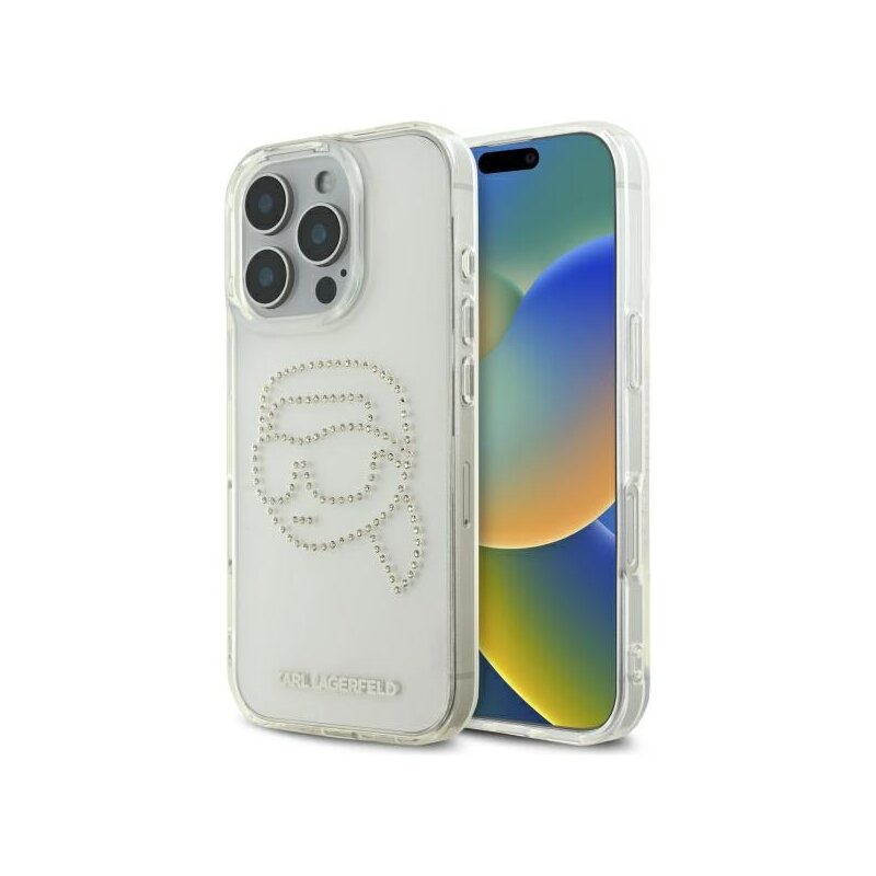Husa iPhone 16 Pro Max Karl Lagerfeld IML Rhinestones, transparent, Karl Head, KLHCP16XHKHDCELT