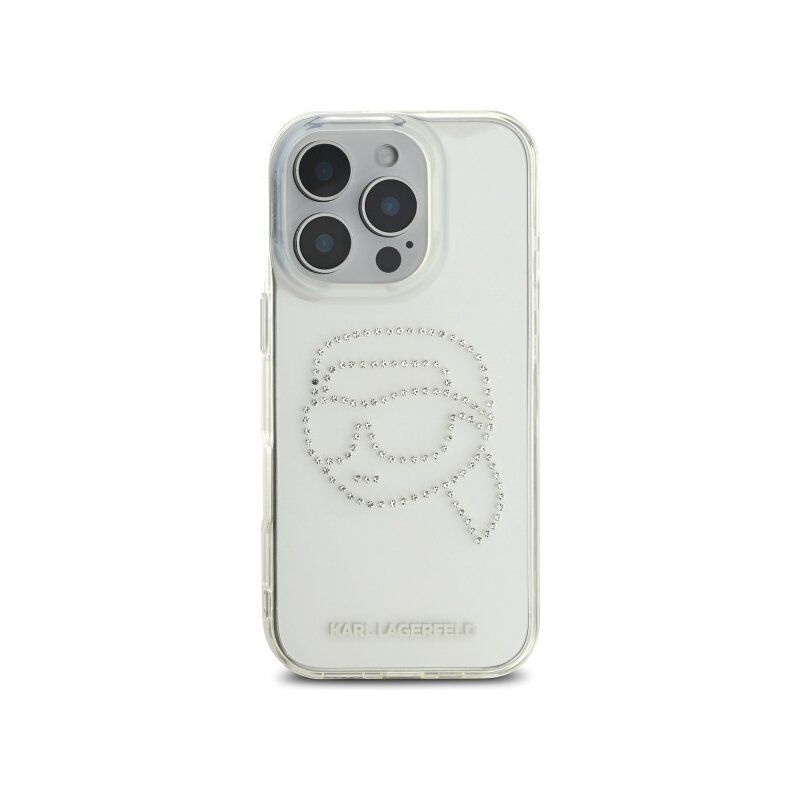 Husa iPhone 16 Pro Max Karl Lagerfeld IML Rhinestones, transparent, Karl Head, KLHCP16XHKHDCELT