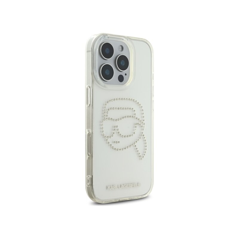 Husa iPhone 16 Pro Max Karl Lagerfeld IML Rhinestones, transparent, Karl Head, KLHCP16XHKHDCELT