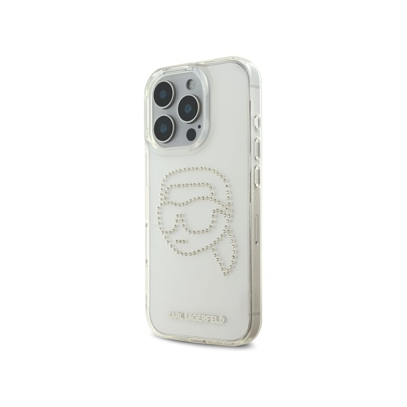 Husa iPhone 16 Pro Max Karl Lagerfeld IML Rhinestones, transparent, Karl Head, KLHCP16XHKHDCELT