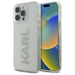 Husa iPhone 16 Pro Max Karl Lagerfeld IML Rhinestones, transparent, Logo, KLHCP16XHKLSTDCT
