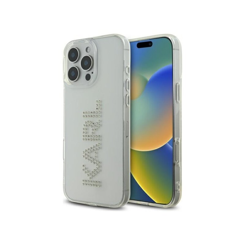 Husa iPhone 16 Pro Max Karl Lagerfeld IML Rhinestones, transparent, Logo, KLHCP16XHKLSTDCT