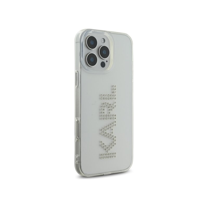 Husa iPhone 16 Pro Max Karl Lagerfeld IML Rhinestones, transparent, Logo, KLHCP16XHKLSTDCT