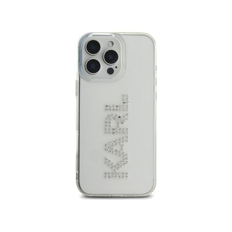 Husa iPhone 16 Pro Max Karl Lagerfeld IML Rhinestones, transparent, Logo, KLHCP16XHKLSTDCT