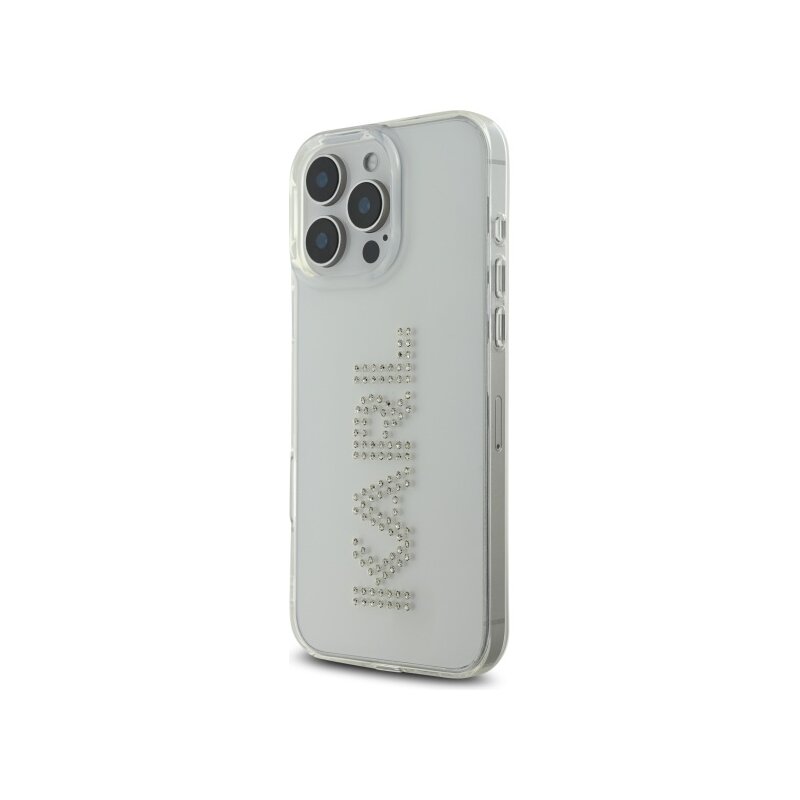 Husa iPhone 16 Pro Max Karl Lagerfeld IML Rhinestones, transparent, Logo, KLHCP16XHKLSTDCT
