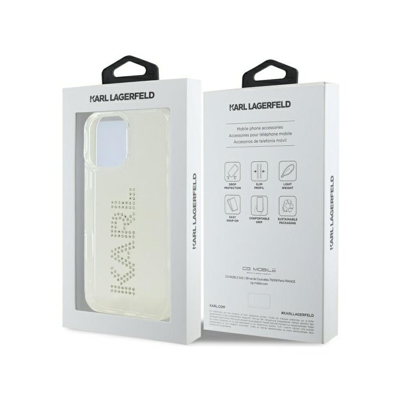 Husa iPhone 16 Pro Max Karl Lagerfeld IML Rhinestones, transparent, Logo, KLHCP16XHKLSTDCT