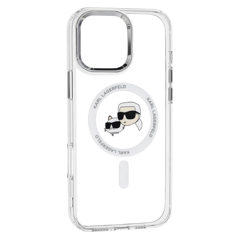 Husa iPhone 16 Pro Max Karl Lagerfeld IML MagSafe, Metal Karl&Choupette Head, alb, KLHMP16XHLSKCH