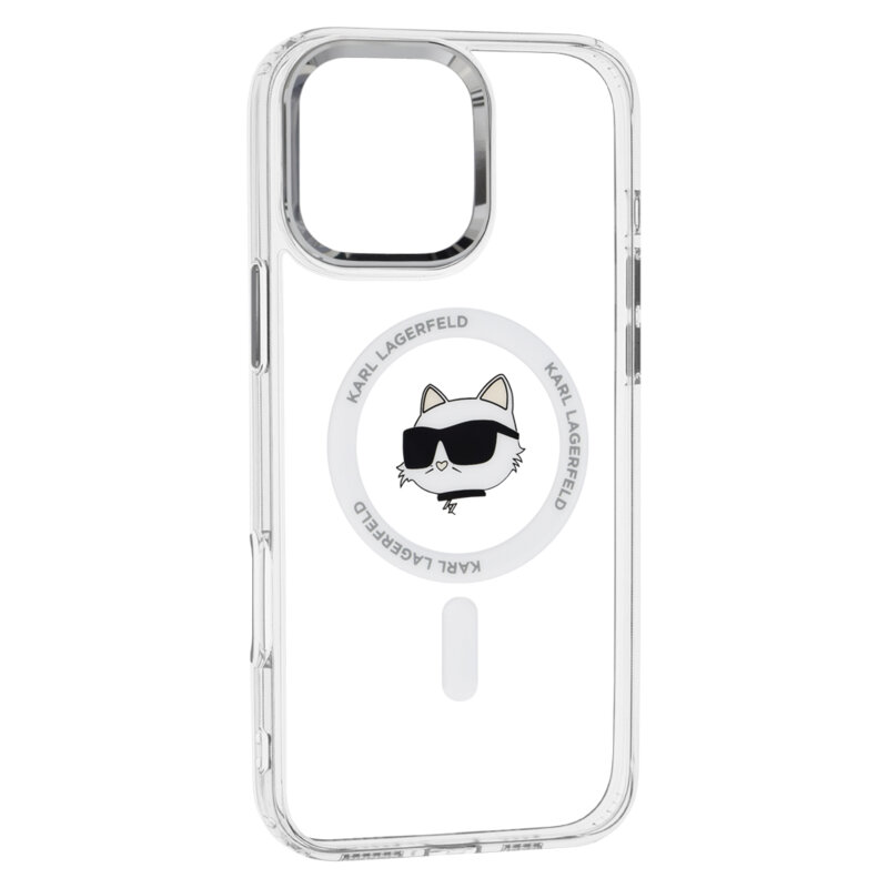 Husa iPhone 16 Pro Max Karl Lagerfeld IML MagSafe, Metal Choupette`s Head, alb, KLHMP16XHLSCHH