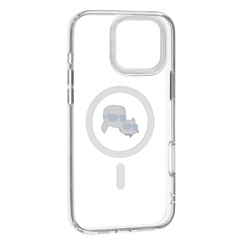 Husa iPhone 16 Pro Karl Lagerfeld IML MagSafe, Metal Karl&Choupette Head, alb, KLHMP16LHLSKCH