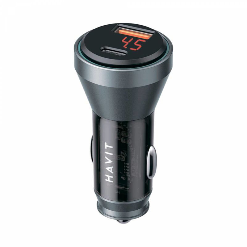 Incarcator auto bricheta Type-C, USB, 45W Havit CC2017, albastru