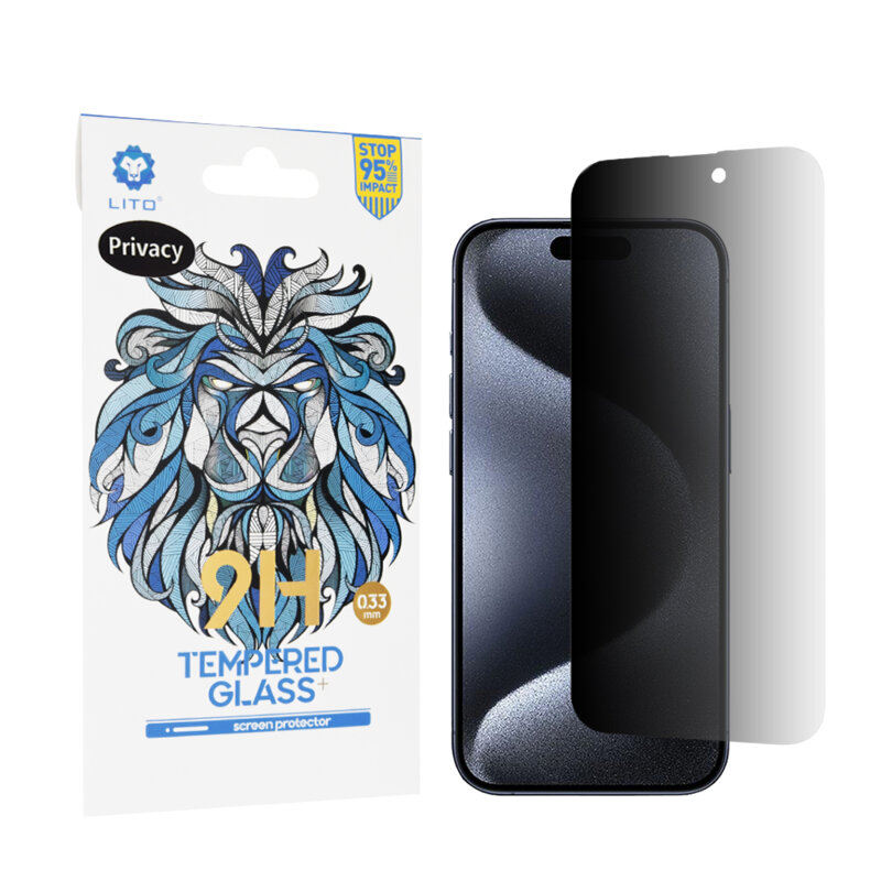 Folie sticla iPhone 15 Pro Lito 9H Tempered Glass, privacy