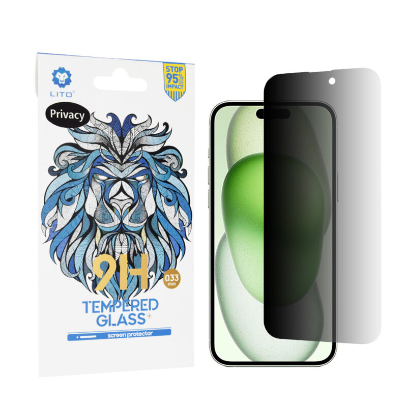 Folie sticla iPhone 15 Plus Lito 9H Tempered Glass, privacy