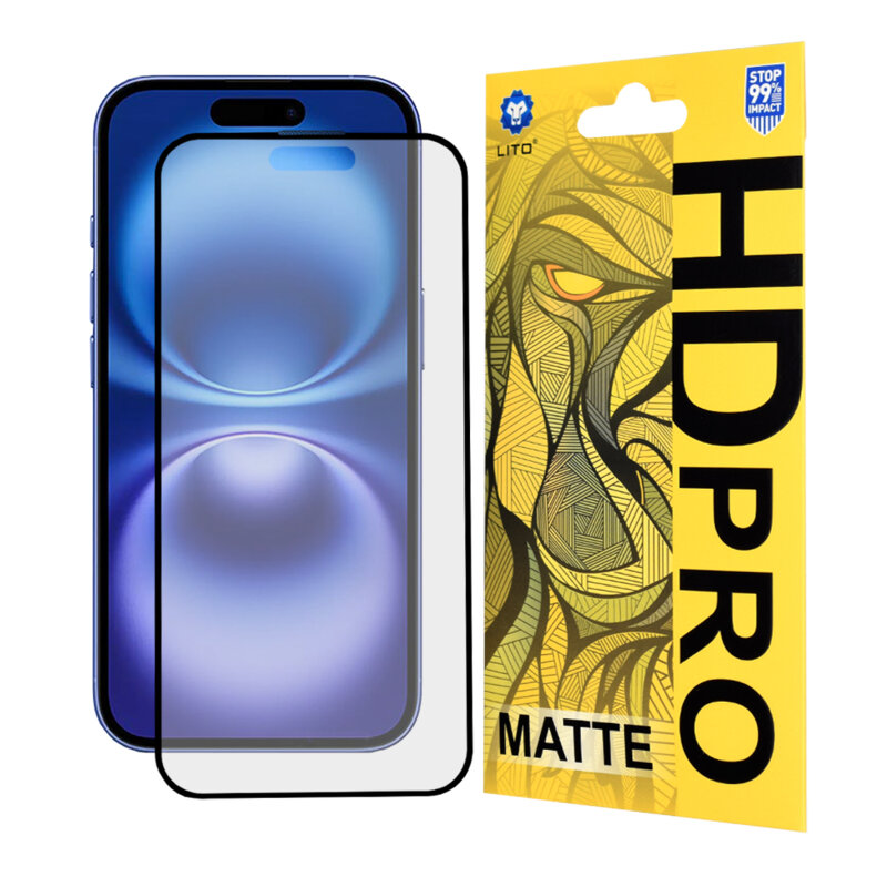 Folie sticla iPhone 16 Lito HD Pro Matte, negru