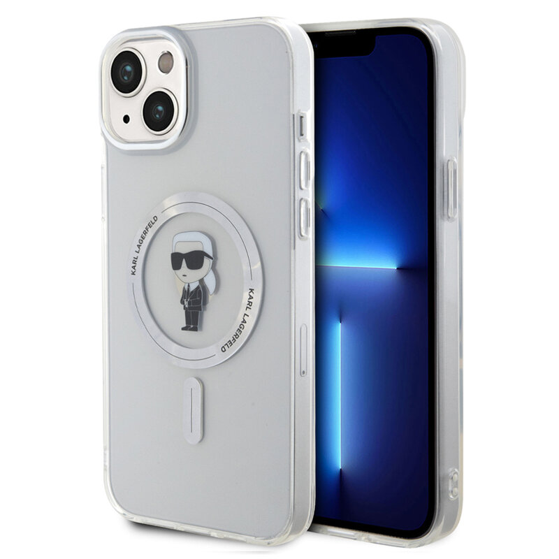 Husa iPhone 15 Plus Karl Lagerfeld IML MagSafe, Ikonik, transparenta, KLHMP15MHFCKNOT