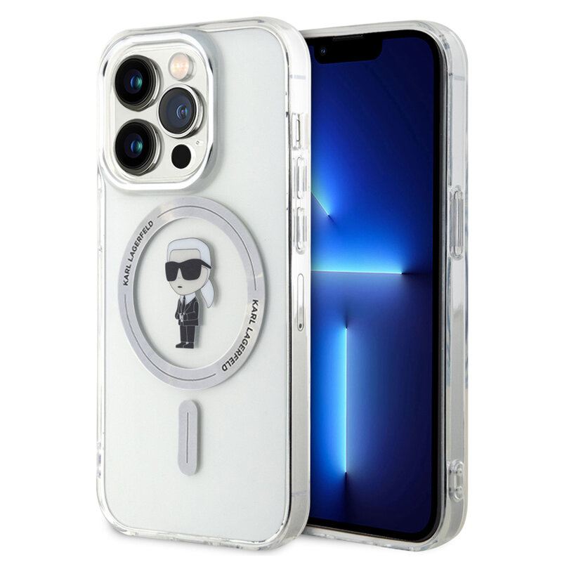 Husa iPhone 15 Pro Karl Lagerfeld IML MagSafe, Ikonik, transparent, KLHMP15LHFCKNOT