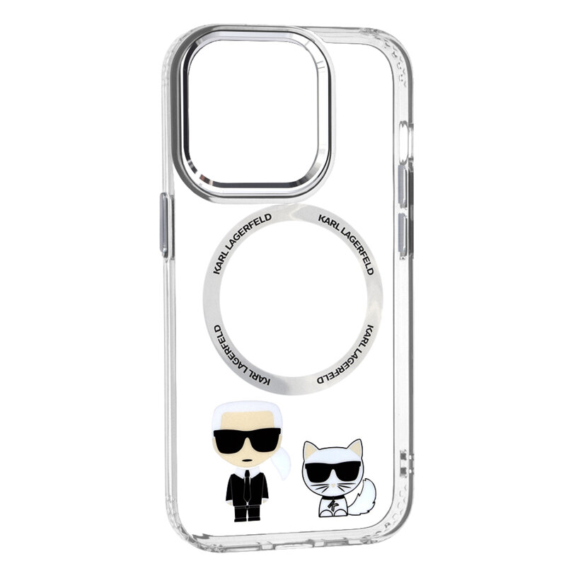 Husa iPhone 14 Pro Max Karl Lagerfeld Hardcase MagSafe, Karl & Choupette Aluminium, transparent, KLHMP14XHKCT