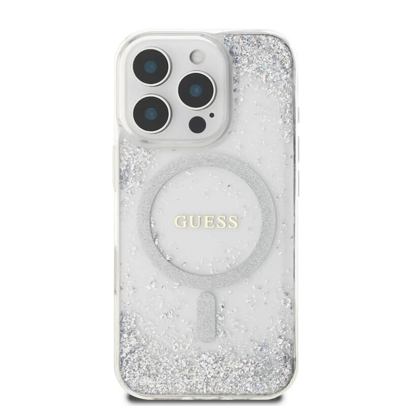 Husa iPhone 16 Pro originala Guess IML Glitter Gradient MagSafe, argintiu, GUHMP16LRGRGES