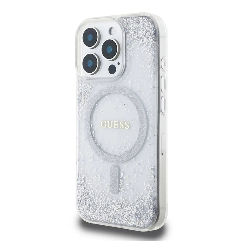 Husa iPhone 16 Pro originala Guess IML Glitter Gradient MagSafe, argintiu, GUHMP16LRGRGES