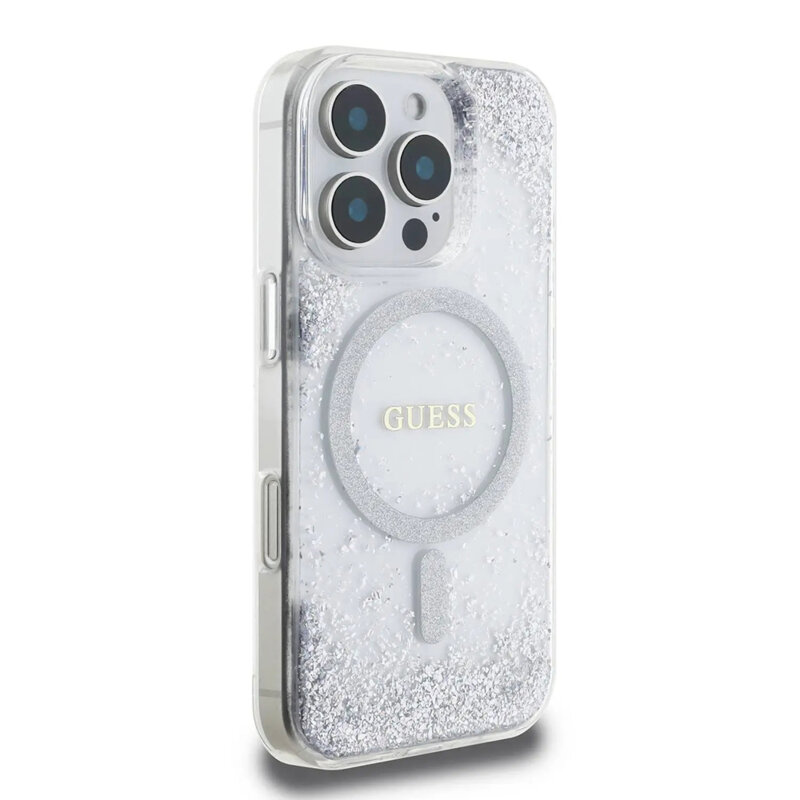 Husa iPhone 16 Pro originala Guess IML Glitter Gradient MagSafe, argintiu, GUHMP16LRGRGES