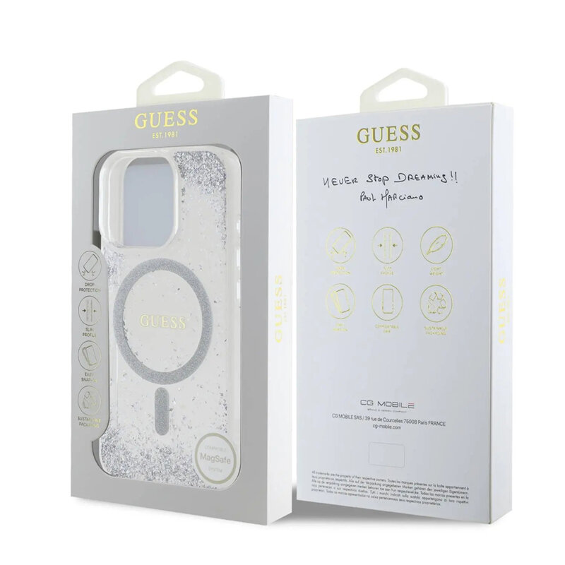 Husa iPhone 16 Pro originala Guess IML Glitter Gradient MagSafe, argintiu, GUHMP16LRGRGES