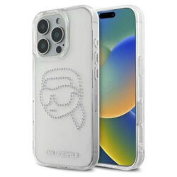 Husa iPhone 16 Pro Karl Lagerfeld IML Rhinestones, Karl Head Transparent, KLHCP16LHKHDCELT