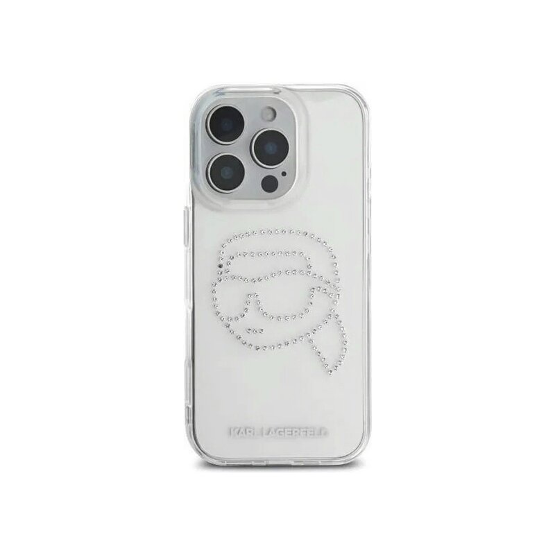 Husa iPhone 16 Pro Karl Lagerfeld IML Rhinestones, Karl Head Transparent, KLHCP16LHKHDCELT