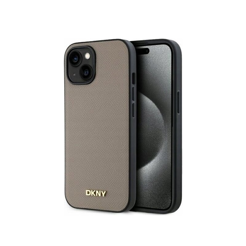 Husa piele iPhone 15 DKNY Leather Hardcase Grained PU Metal Logo MagSafe, bej, DKHMP15SPGHLME