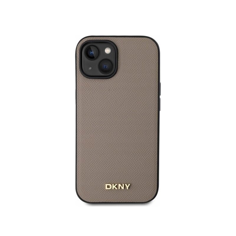 Husa piele iPhone 15 DKNY Leather Hardcase Grained PU Metal Logo MagSafe, bej, DKHMP15SPGHLME