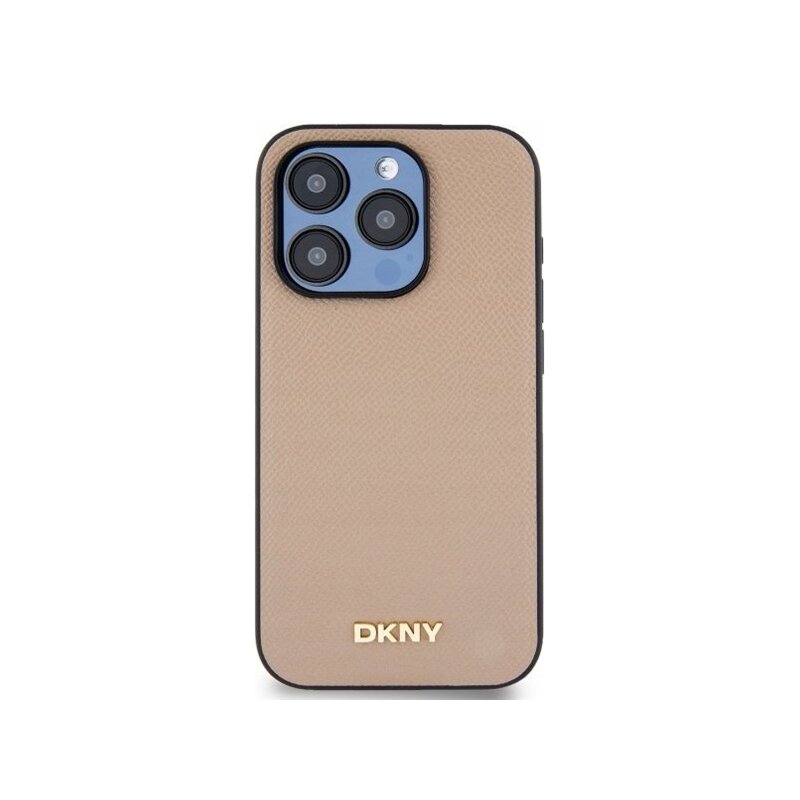 Husa piele iPhone 15 Pro Max DKNY Leather Hardcase Grained PU Metal Logo MagSafe, bej, DKHMP15XPGHLME