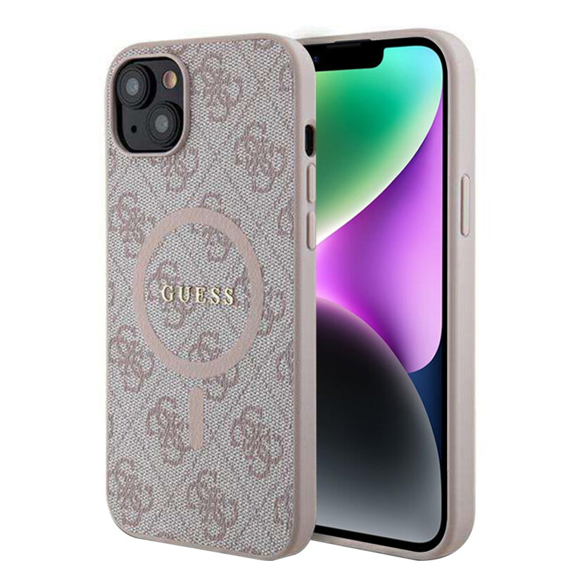 Husa iPhone 14 Guess 4G Ring Classic Logo MagSafe, roz, GUHMP14SG4GFRP