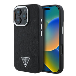 Husa iPhone 16 Pro originala Guess Grained Triangle MagSafe, negru, GUHMP16LPGTSPSK