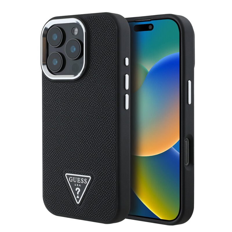 Husa iPhone 16 Pro originala Guess Grained Triangle MagSafe, negru, GUHMP16LPGTSPSK
