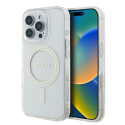 Husa iPhone 16 Pro originala Guess IML Glitter Circle MagSafe, transparenta, GUHMP16LHFGERET