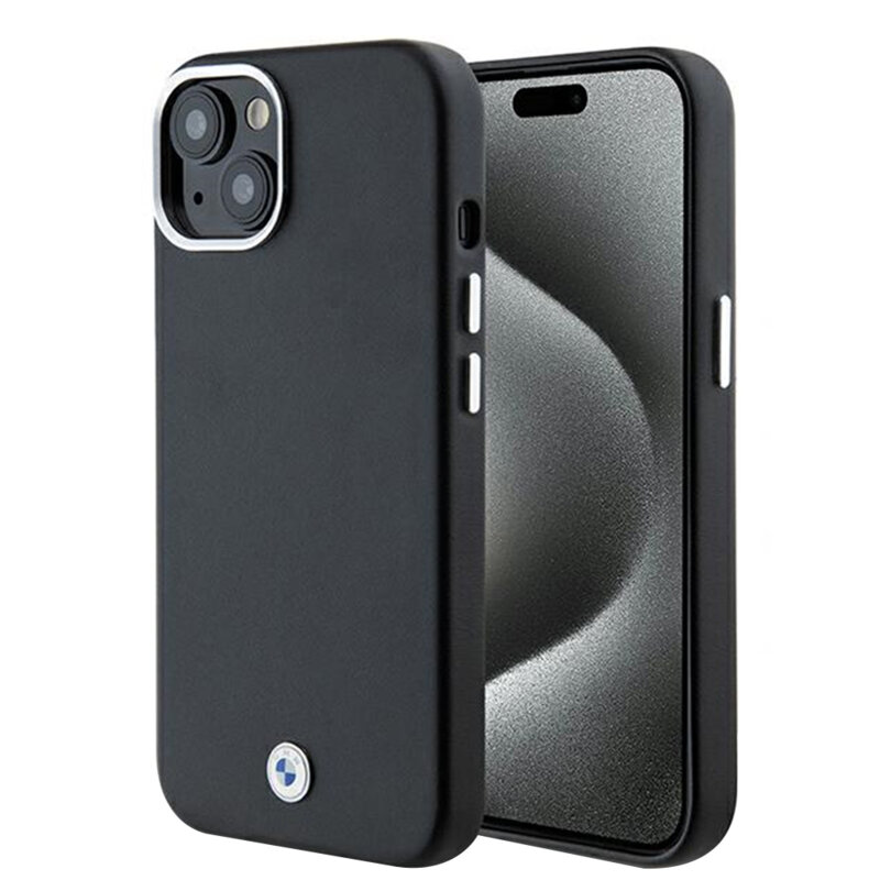 Husa BMW iPhone 15 Leather Signature Wrapped Metal MagSafe, negru, BMHMP15S23PUFWK