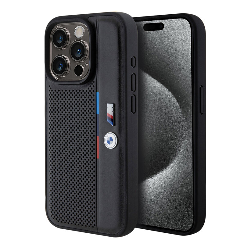 Husa BMW iPhone 15 Pro Max Hardcase Perforated Tricolor Line, negru, BMHCP15X23PUPVK