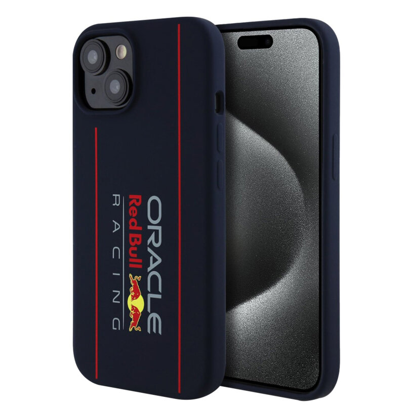 Husa iPhone 15 Red Bull Racing Silicone Oversize Vertical Logo MagSafe, bleumarin, RBHMP15S24SIOLRV