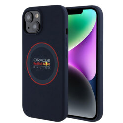 Husa iPhone 14 Red Bull Racing Silicone Red Ring MagSafe, albastru, RBHMP14S24SIILVR